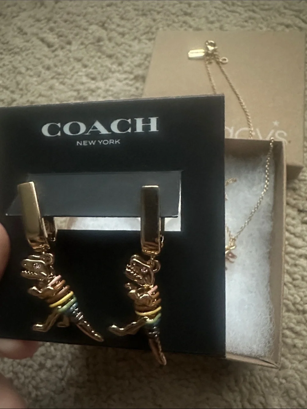 NWT Matching Coach Gold Rainbow Dinosaur Dangle Huggie Earrings and Necklace - Picture 10 of 14